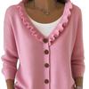 2026 European & American Autumn/Winter V-neck Knit Cardigan: Casual Solid Color Wood Ear Edge Sweater Coat for Women