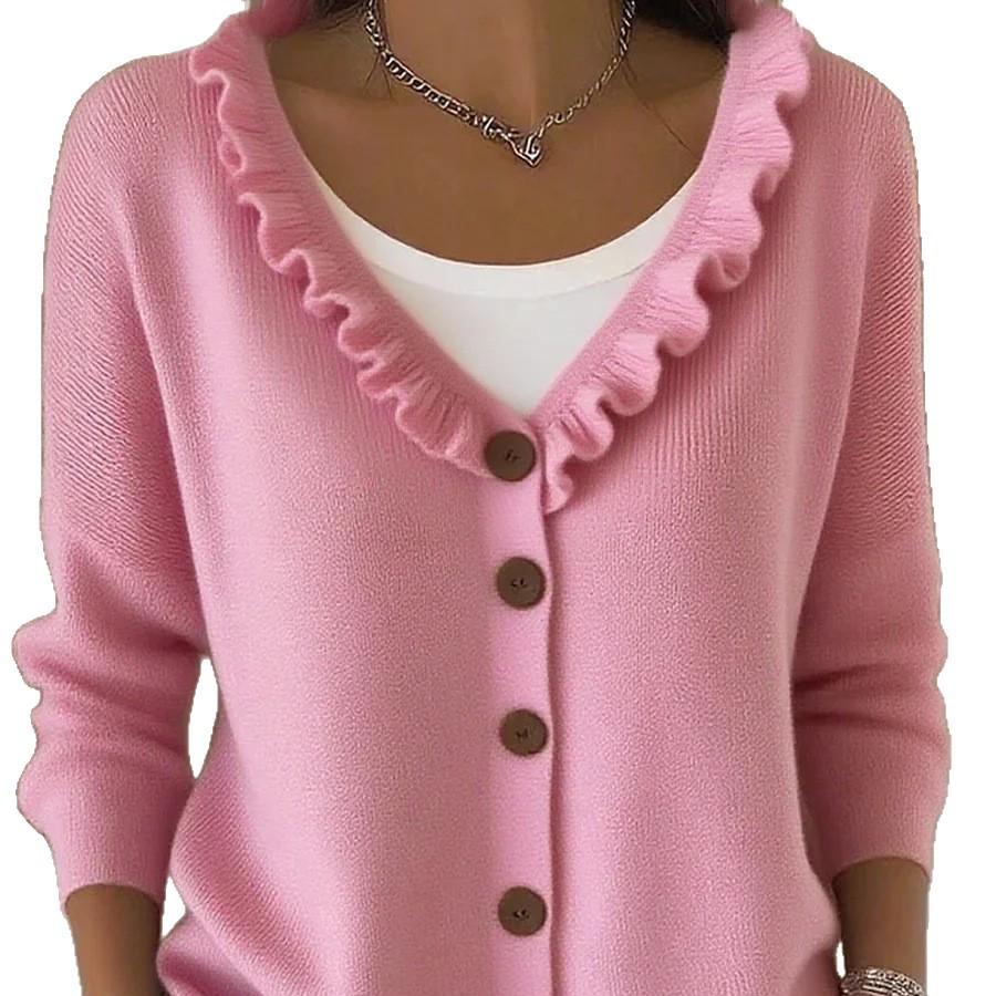 2026 European & American Autumn/Winter V-neck Knit Cardigan: Casual Solid Color Wood Ear Edge Sweater Coat for Women