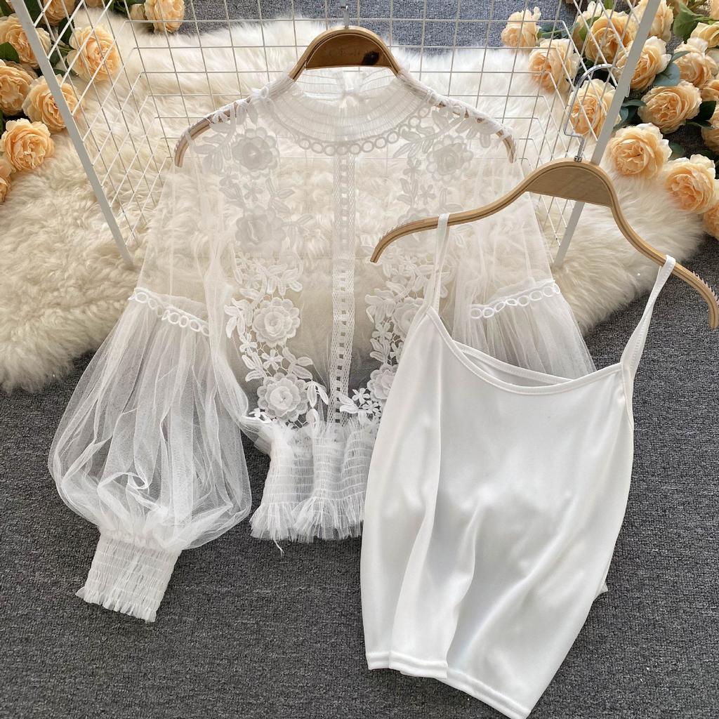 Women's Summer Lace Mesh Puff Long Sleeve Blouse Vintage Blouses Elegant Korean Tops Shirts Clothing