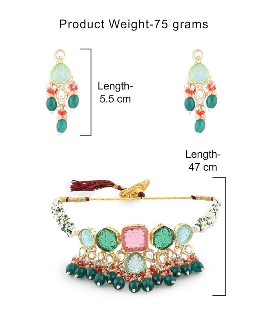 Multicolor Stones & Beads Multistrand Beaded Kundan Choker Necklace Earring & Ring Set For Women