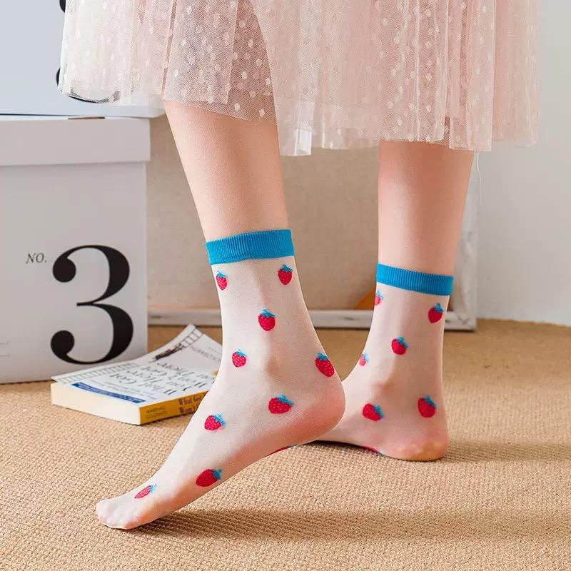 Women Summer Ultra-Thin Transparent Love Crystal Kawaii Socks Girls Breathable Korean Cute Ice Silk Style Sheer Embroidery Socks