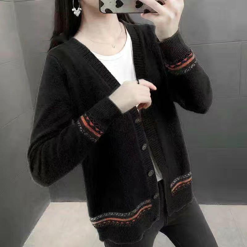 Women's Knitted Sweater Spring and Autumn Models V-neck Colour Blocking Long-sleeved Ethnic Wind Cardigan Jacket Jumper Ladies Tops