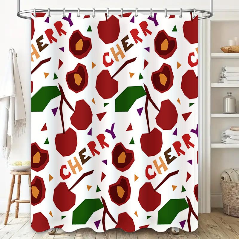Cherry Shower Curtain White Fabric Waterproof Bath Mat Decorative Red Fruit Pattern Home Decoration Accessory