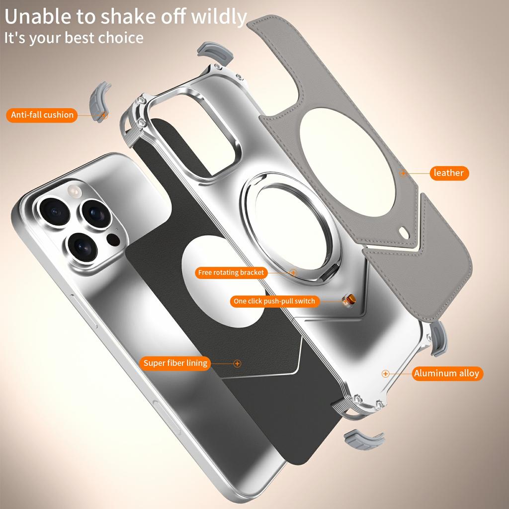 For iPhone 16 Pro Case PU Covered Metal Boardless Phone Back Cover with Kickstand