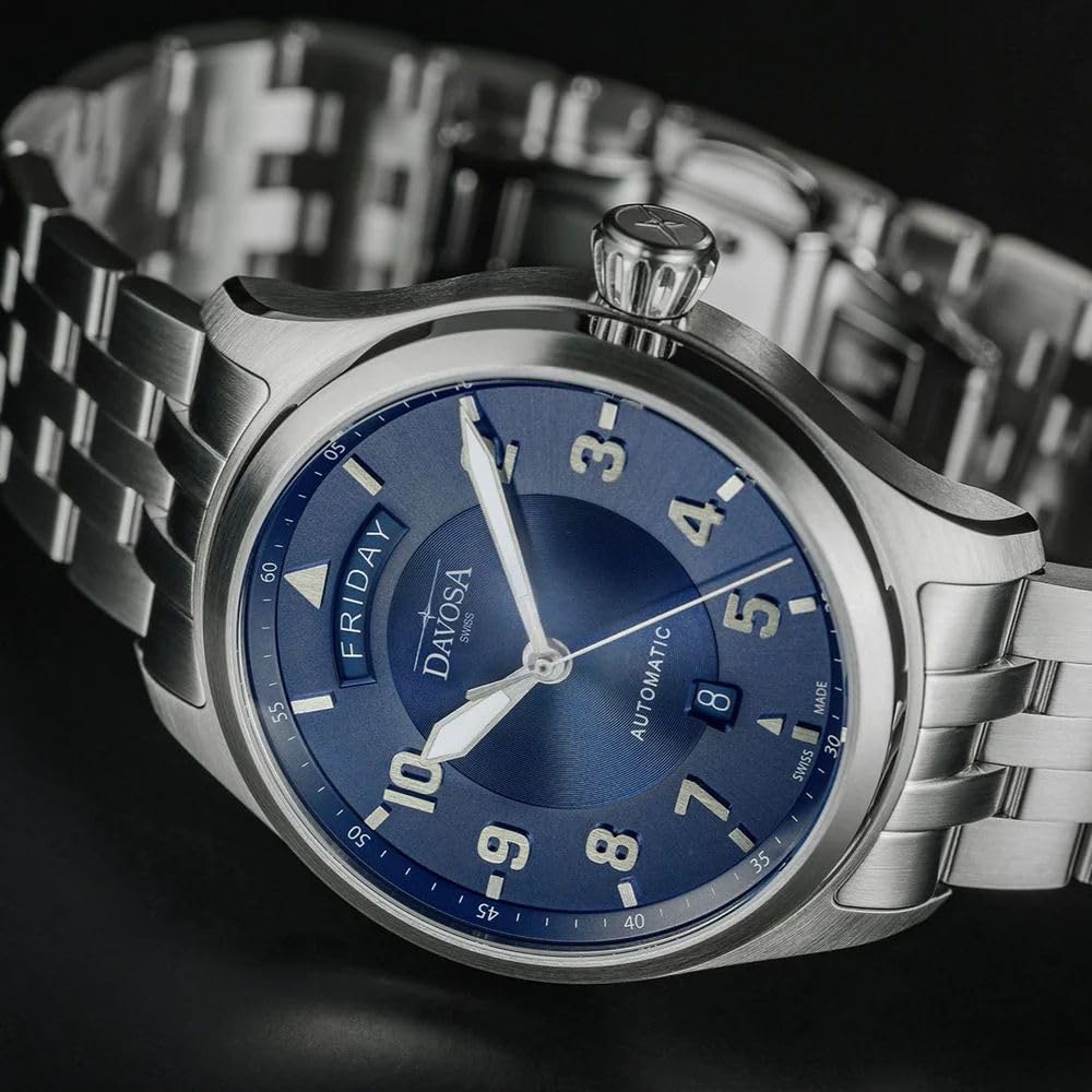 Davosa Newton Pilot Automatic Swiss Day-Date Watch, Made, Silver, 161.585.40, Men's