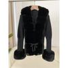 Autumn Winter Women's Fur Coat Patchwork Knitted Sweater Bandage Fur Cardigan Detachable Collar Jacket Faux Fur Coat