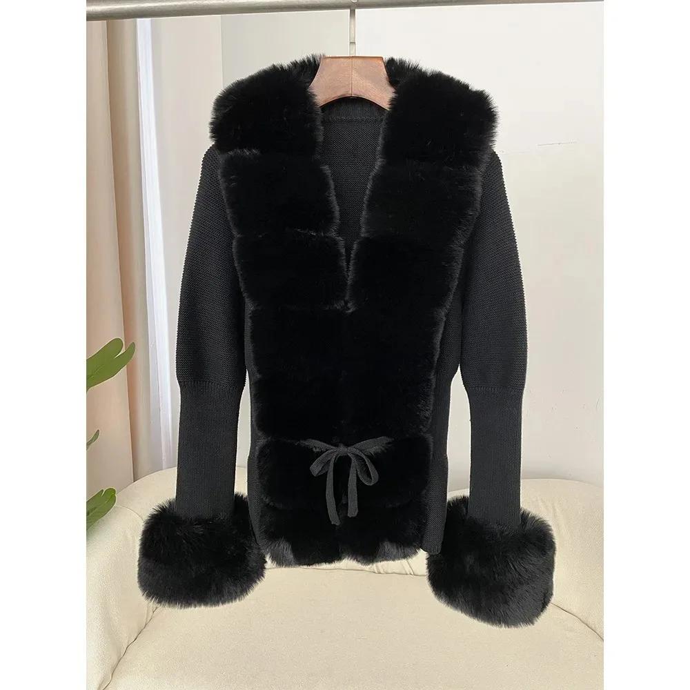 Autumn Winter Women's Fur Coat Patchwork Knitted Sweater Bandage Fur Cardigan Detachable Collar Jacket Faux Fur Coat