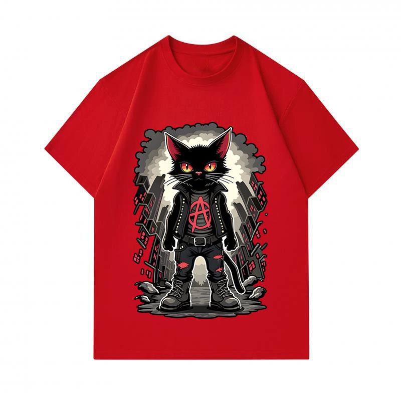 Men's 100% Cotton Crew Neck Short Sleeve T-Shirt, Punk Anarchist Black Cat Printed Casual Urban Streetwear Tee for Daily Wear