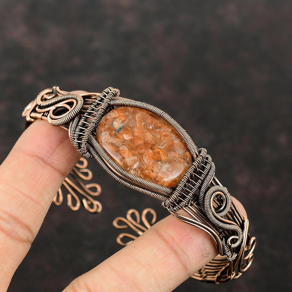 Sunstone Cuff Bracelet Copper Wire Wrapped Bangle Adjustable Bangle Sunstone Gemstone Stylish Jewelry Handmade Cuff Bracelet Wire Wrap Cuff