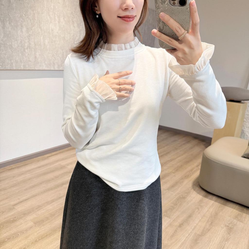 Women's Ribbed Velvet Patchwork Base Layer: Autumn/Winter Long Sleeve T-Shirt with Half-High Neck, 270g.