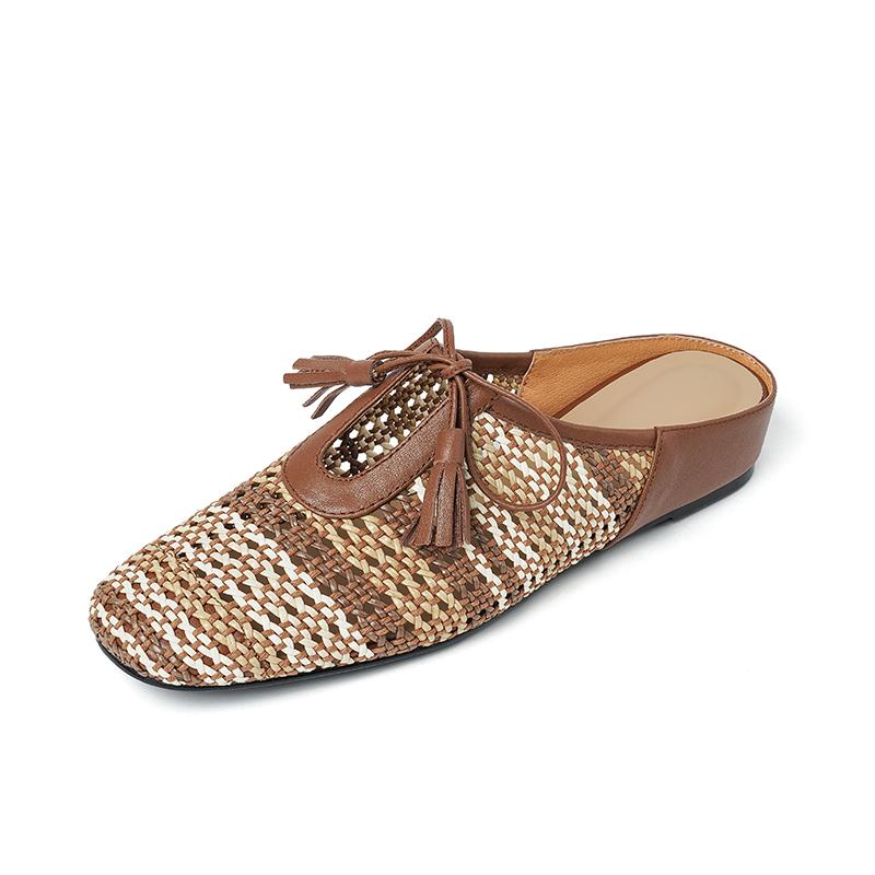 Fashion 2025 Outside NEW Summer Women Mules Women Slippers Concise Cover Toe Slingback Round Toe Low Heel Weave Modern Sandals