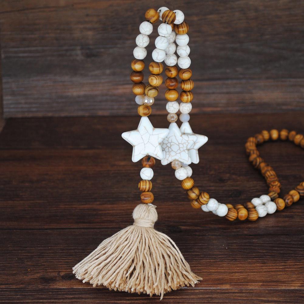 Bohemian Accessories Tassel Sweater Chain Necklace Women's String Wood Bead Long Necklace Jewelry