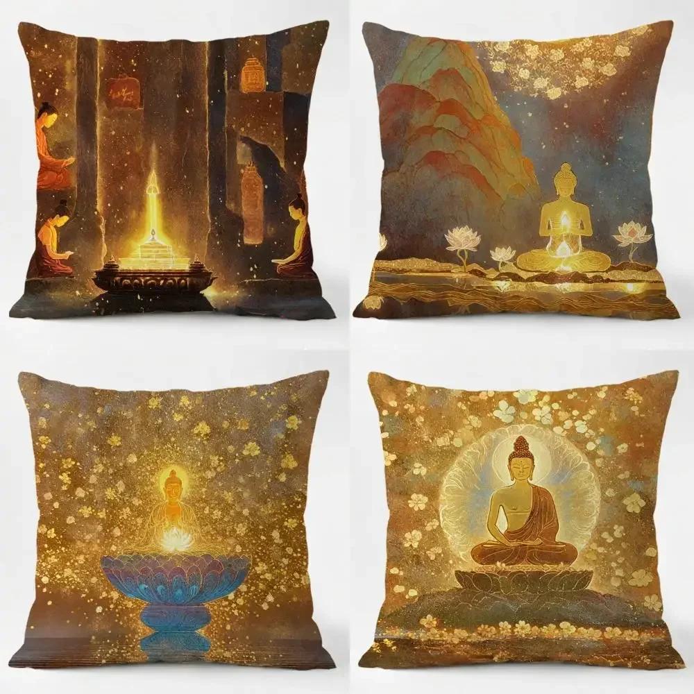 Buddhism Cushion Cover Comfort Daily Washable Linen Soft for Sofa Bed Home Room Decor