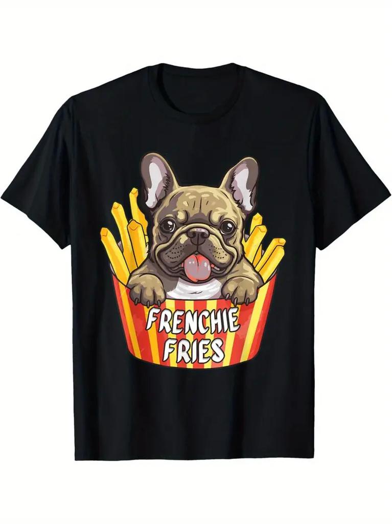 Frenchie Fries Französische Bulldogge Grafik T-Shirt, 100% Baumwolle Rundhals Kurzarm