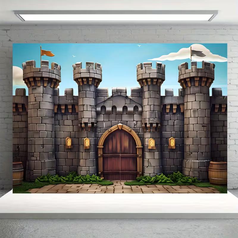 2D Fantasy Castle Backdrop Medieval Fortress with Flags Photography Background 47.2x31.5inch/120*80cm