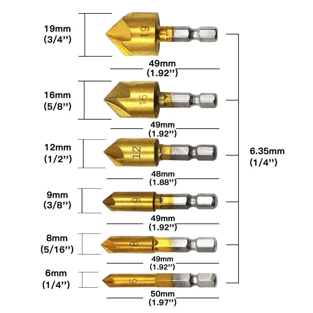 6Pcs Titanium Coated Countersink Drill Bit Set 1/4 Inch Hex Shank 5 Flute 90 Degree Wood Chamfering Cutter