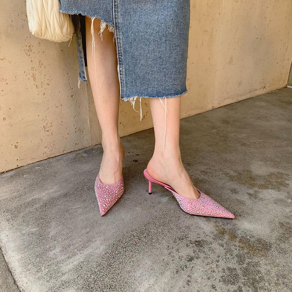 fashion Pointed Toe Women Sandals Slippers Black Pink White Shining Dress Shoes Thin High Heels 2024 New Arrivals Party Pumps Sexy Slide
