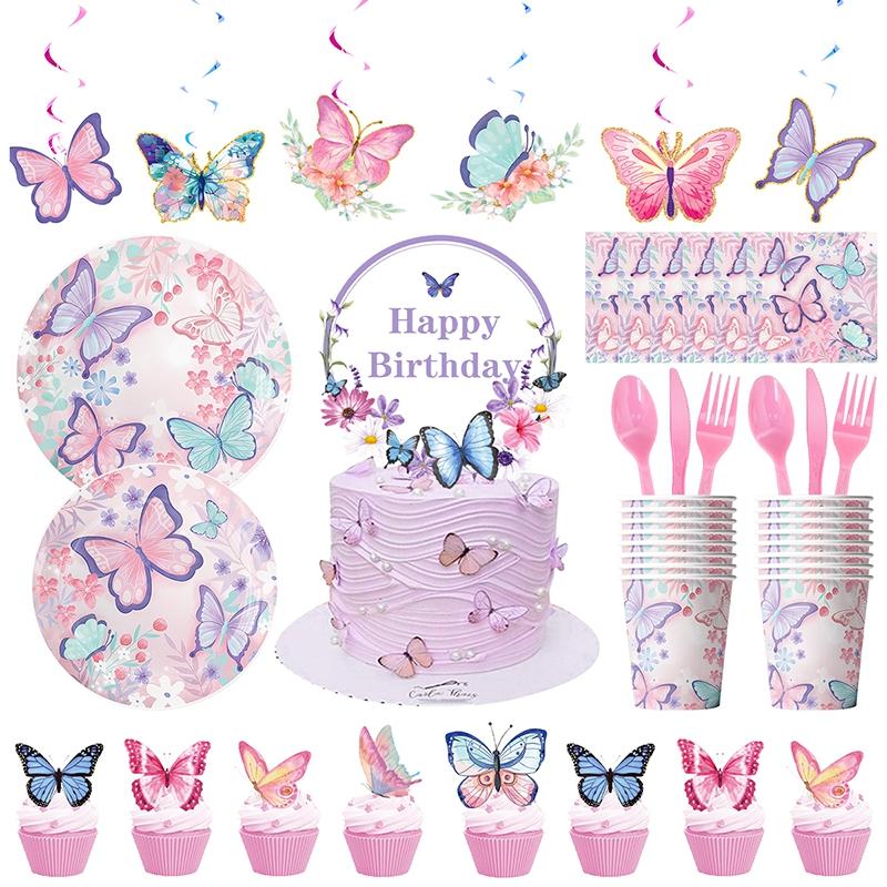 Butterfly Party Supplies Disposable Tableware for Girl Birthday Party Paper Plates Cups Cake Topper Baby Shower Baptism Decor