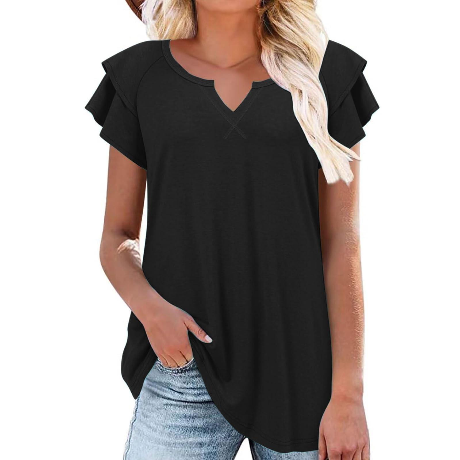 

Женская футболка с короткими рукавами и v-образным вырезом, однотонная повседневная сексуальная футболка с двухслойными рукавами и топом L чёрный