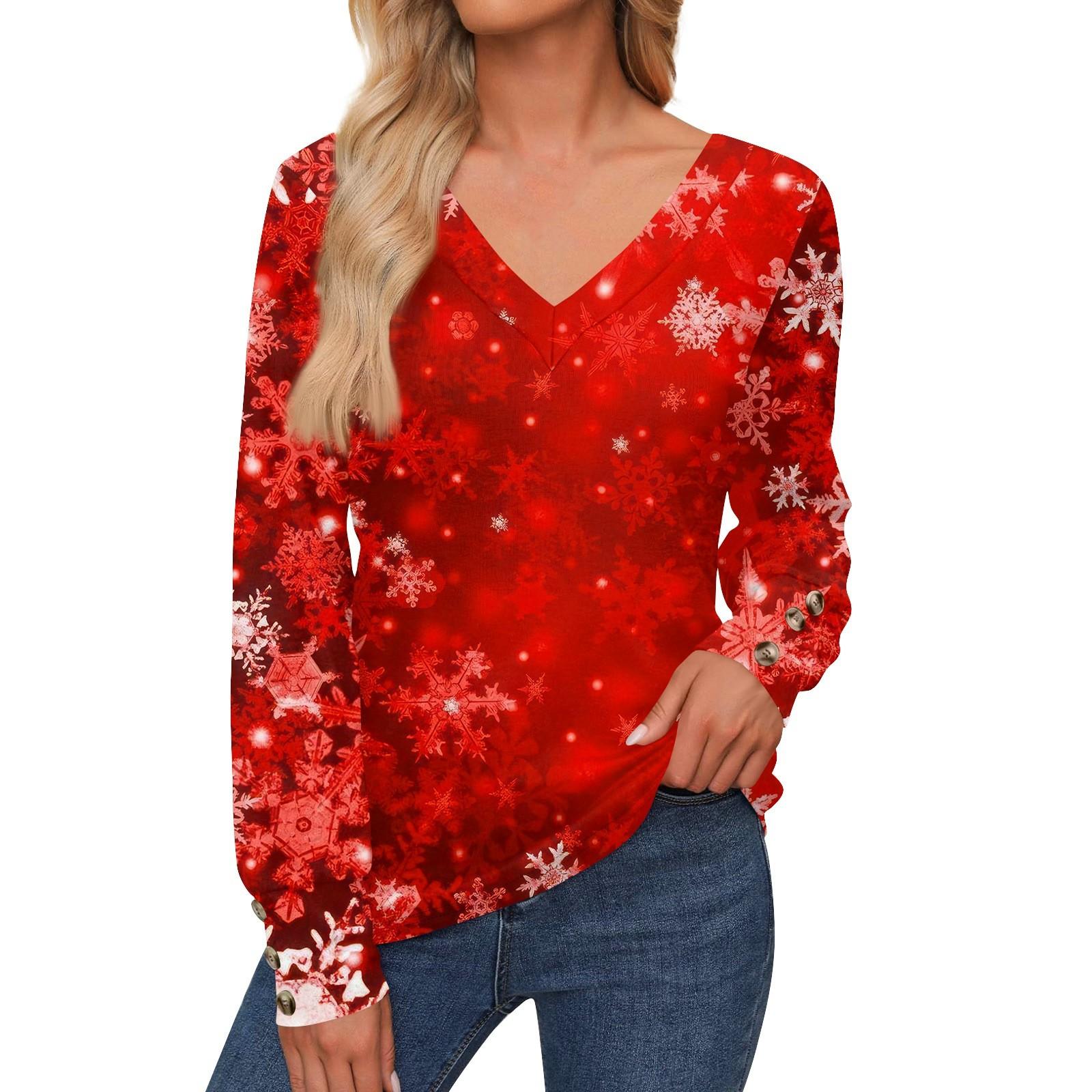 

Женская повседневная модная рождественская рубашка со снежинками и длинными рукавами, манжетами на пуговицах, с V-образным вырезом, свободная футболка, осенняя одежда L