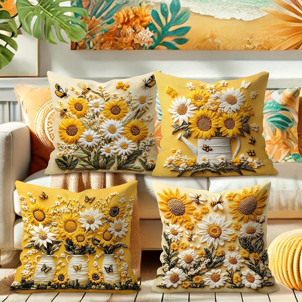 Floral Pillow Covers with Sunflowers, Daisies, Bees, and Butterflies Sofa Cushion Cover Home Room Decoration 2D Flat Printing