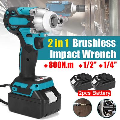 18V 800N.m Li-Ion akumulátorový akumulátorový elektrický klíč 1/2" 1/4" šroubovák s 15000Amh Li baterií + LED světlo 2v1