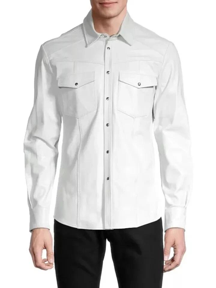 White Men's Genuine Lambskin Soft Original Genuine Leather Shirt Full Sleeve Stylish Handmade