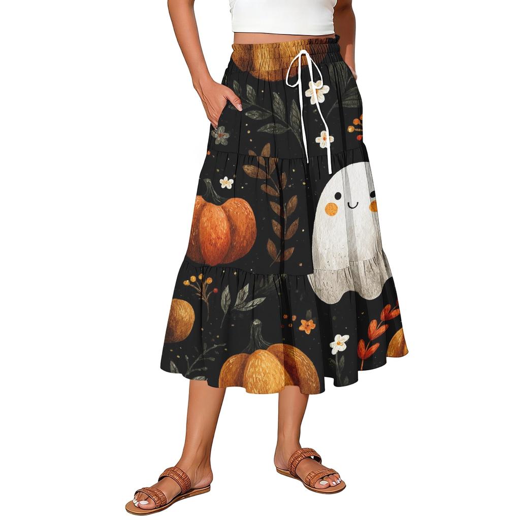 Women's Casual Floral Print Skirt with Elastic Waist and Drawstring for Vacation
