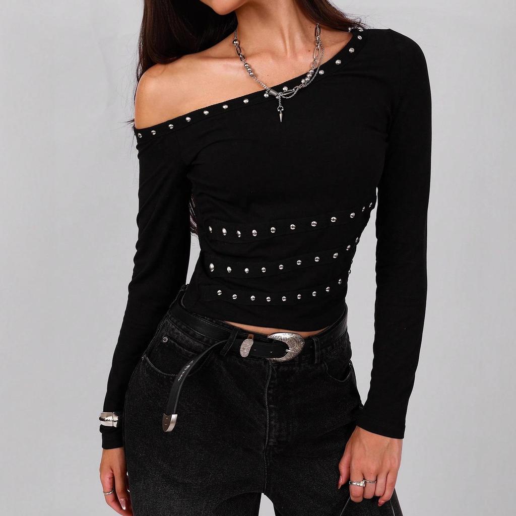 2026 Trendy One-Shoulder Ribbon Stud Slim Fit Top