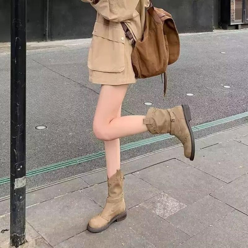 Round Toe Back Zip Single Boots Women'S Fashion Studded Metal Buckle Platform Block Heel Mid-Leg Boots