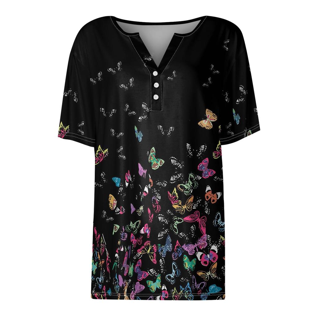 Women's T Shirt Tee Print Button Short Sleeve Daily Weekend Fashion Basic V- Neck Regular Top