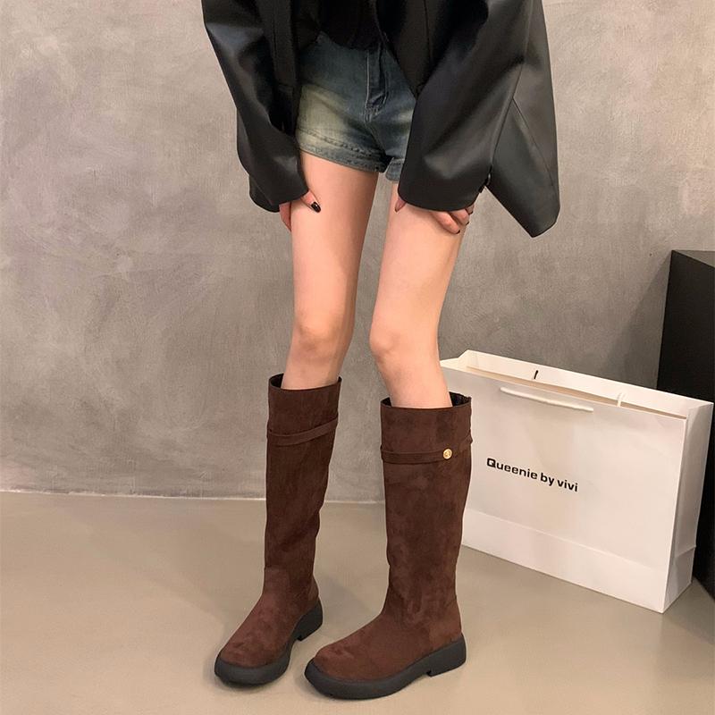 Fashion Winter Vintage Women Western Cowboy Boots Fashion Belt Buckle Slip On Female Knight Long Booties