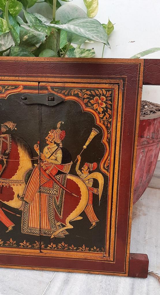 Hand Painted Indian King Jharokha: Vintage Wooden Wall Hanging