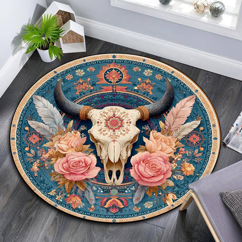 Bohemian Buffalo Skull Round Area Rug,Carpet Rug for Living Room Bedroom Sofa Playroom Decor,Non-slip Floor Mat