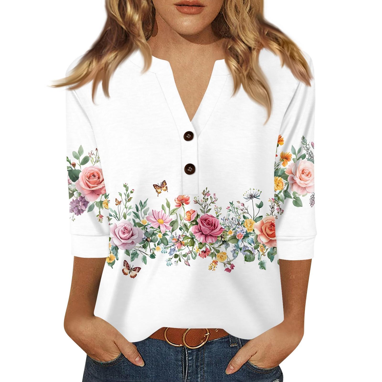 

Жен. Футболка С принтом Пуговицы Рукав 3/4 Повседневные Выходные Мода Классический Классический V-образный вырез Обычный Верх XL белый