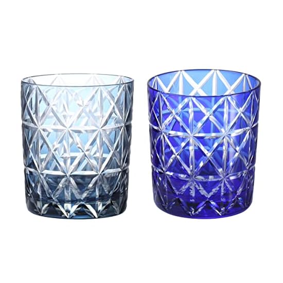 Takumibifu Dinner Luxe Kiriko Pair Rock Glass Cup 80xH90mm 280cc Diamond Pattern Ink Blue & Blue wi