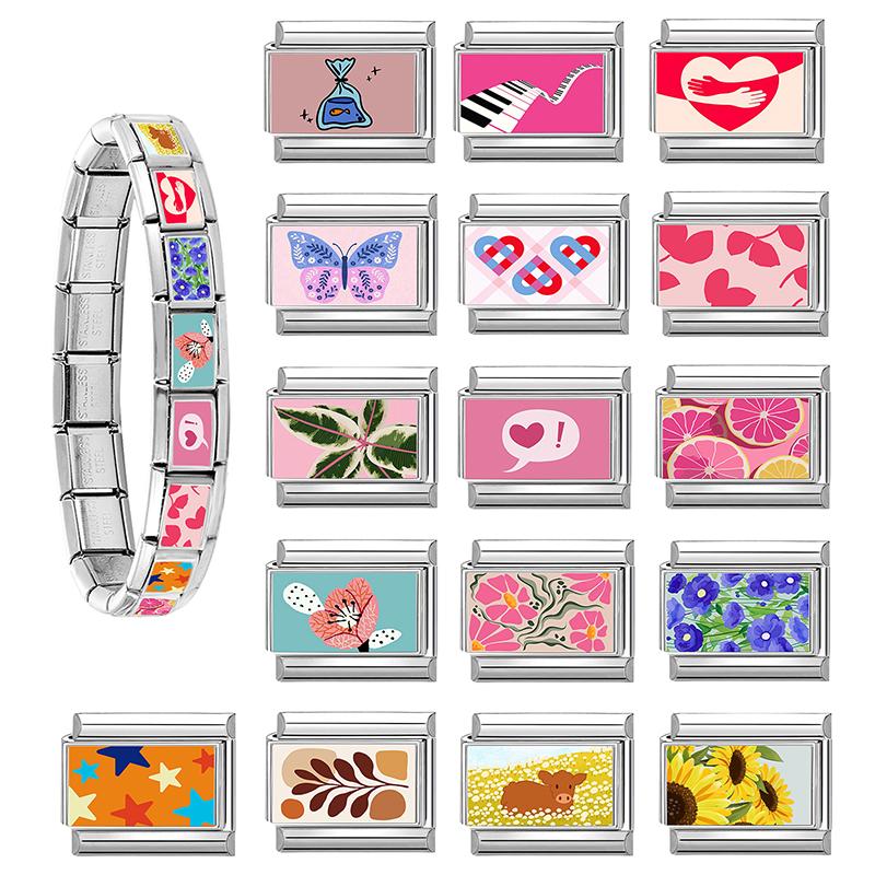 Y2K Pink Sunset Heart Butterfly Piano Star Flowers Italian Charm Links Fit 9mm Stainless Steel Women DIY Making Bracelet Jewelry