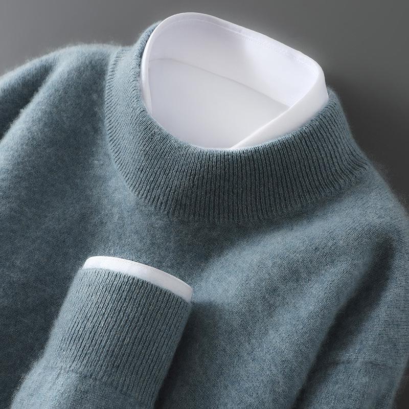 Men's Cross-Border Exclusive 100% Wool Half-High Neck Loose Knit Pullover Sweater