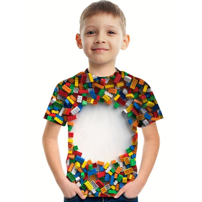 Kinderkleidung Jungen T-Shirt Kurzarm Kinder T-Shirt Mode Bausteine 3D-Druck Top Kinder Sommerkleidung Mädchenkleidung