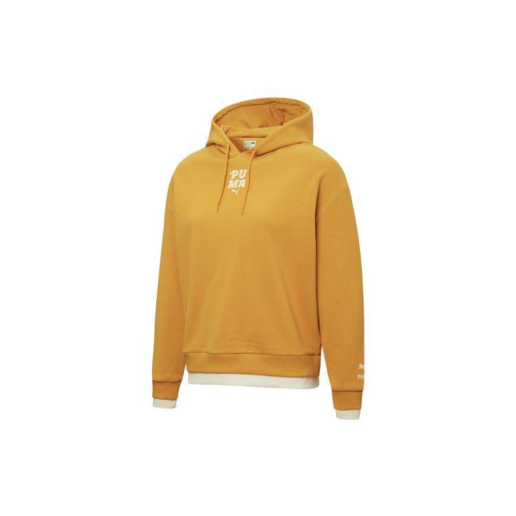 Puma Layered Print Hoodie With Faux Double-Layer Women Tops Orange Yellow 536091-80