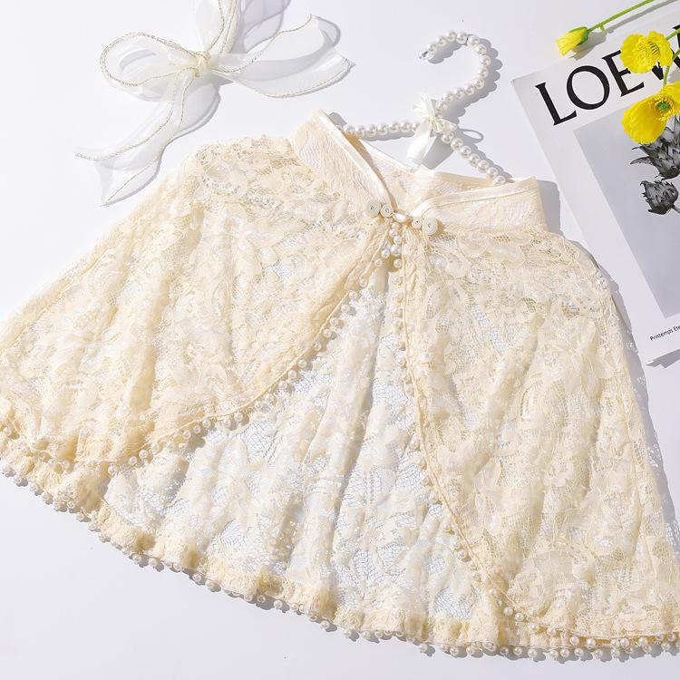 Chinese Mandarin Collar Floral Lace Cape Shrug Pearl Trim Short Bolero Wrap For Wedding Cheongsam Evening Prom Dress