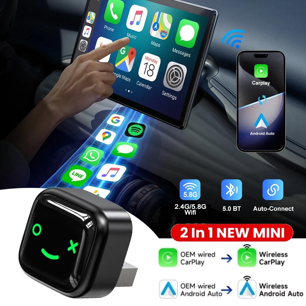 Adaptor 2 în 1 cu fir la wireless CarPlay Android Auto, actualizare OTA, mini dongle pentru sisteme auto OEM cu fir CarPlay Android Auto