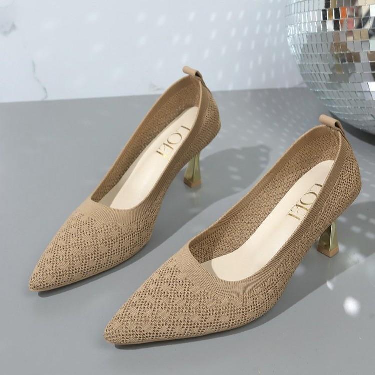 

Женские туфли на высоком каблуке, вязаные, дышащие, абрикосовые, тонкие каблуки, сетчатые, заостренные, одинарные туфли, повседневные, с острым носком, Tacones Mujer 2024 36 абрикосовый