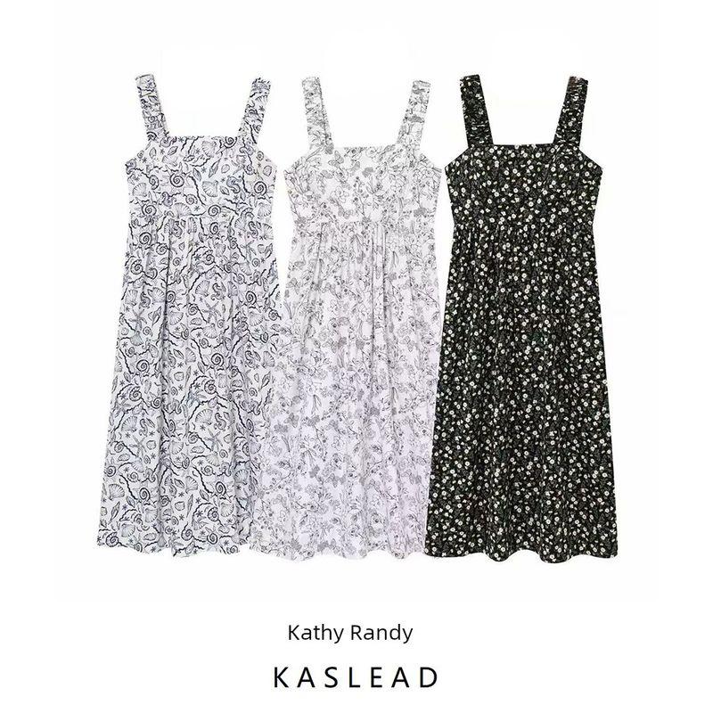 Kaslead New Arrival Women's Fashion Style Fashion Printed Square Collar Flared Sling Midi Dress 1287798