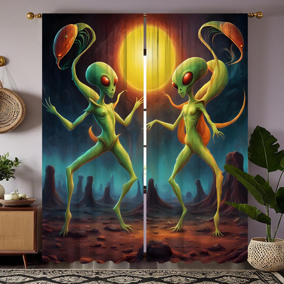 

2 шт. HD Луна под Альфа Планета инопланетная декоративная занавеска Зеленая завязка цифровая печатная занавеска Украшение для дома стиль Украшение l W52H63inchW132H160cm