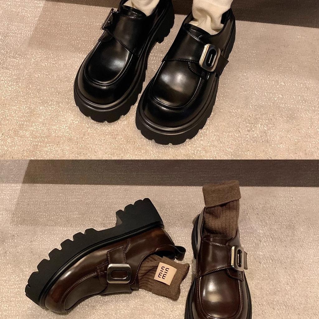 Sheepskin version~ Leather square buckle lazy one-pedal muffin thick heel thick sole leather loafers women autumn small leather shoes women