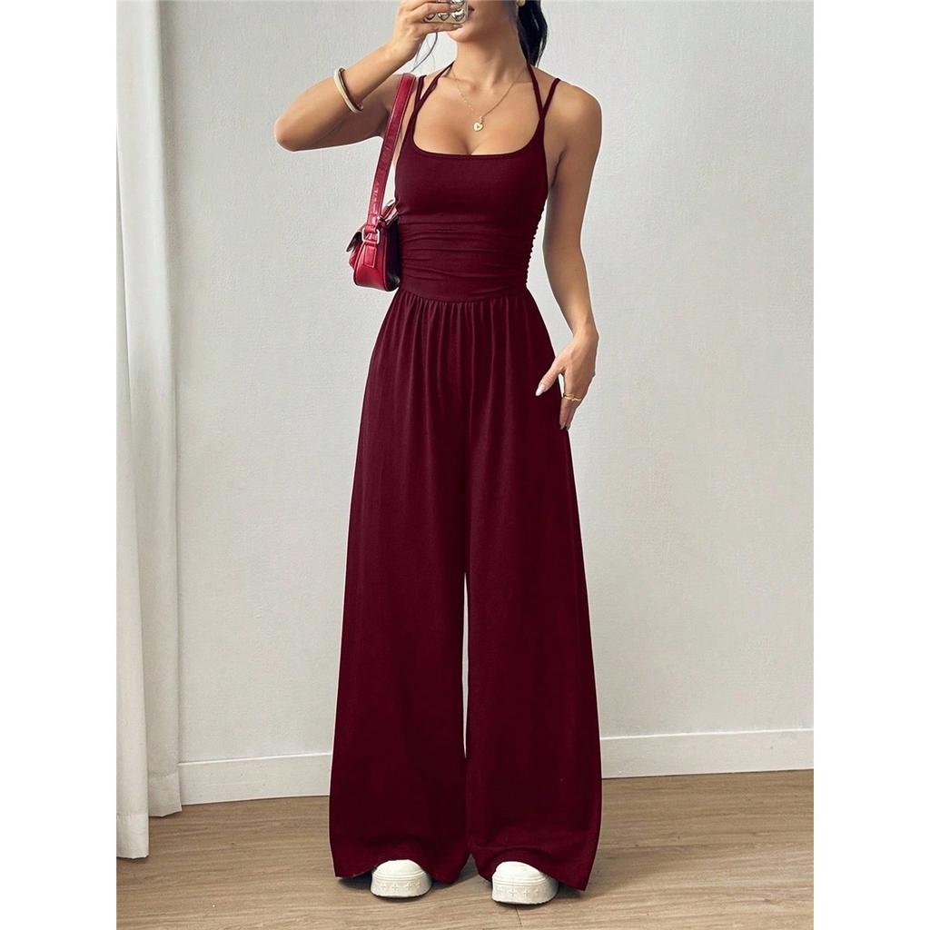 Women's Halterneck Suspender Pleated Waist Backless Jumpsuit