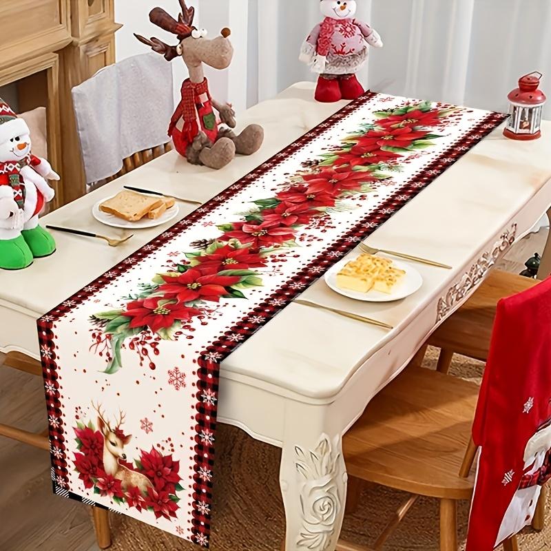 Christmas Poinsettia Reindeer Table Runner Wedding Party Decor Winter Xmas Kitchen Dining Table Runners Christmas Decorations