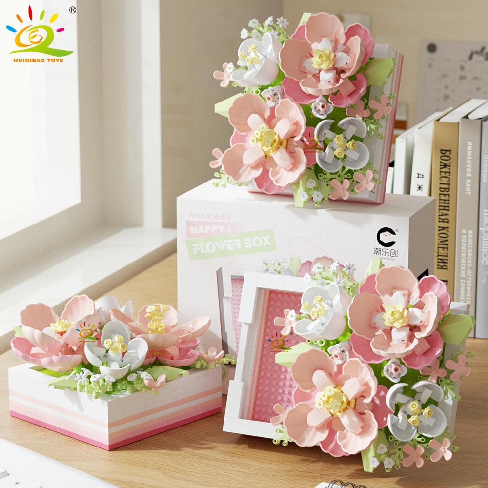 HUIQIBAO MOC Flower Display Rack Micro Building Block Succulent Mini 3D Diamond Model Brick Toy for Children Desk Decoration
