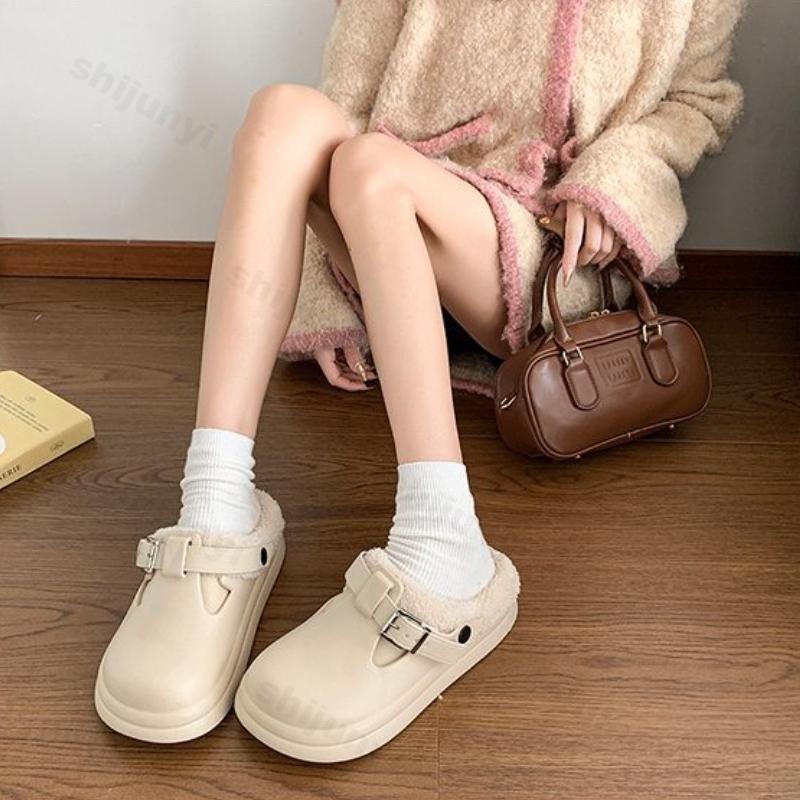 Fashion Autumn Winter Women Cotton Slippers Waterproof Non Slip Warm Indoor Home Shoes Fashion Buckle Strap Thicken Outdoor Plush Shoes